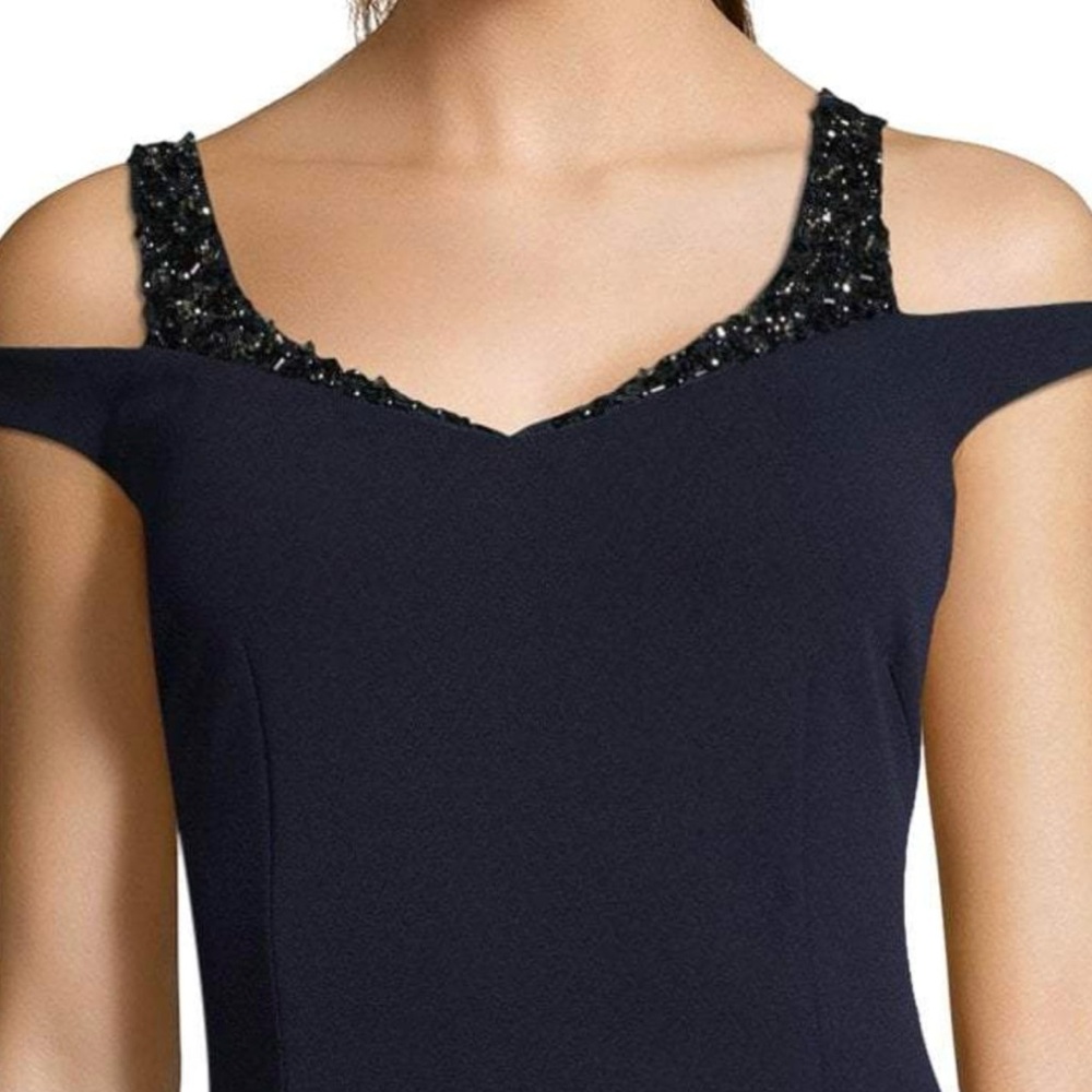 Navy Adrianna Papell - Cold Shoulder Trumpet High Low Formal Dress Size 14 NWT